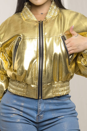 Consuelo Foil bomber jacket with ruched sleeve