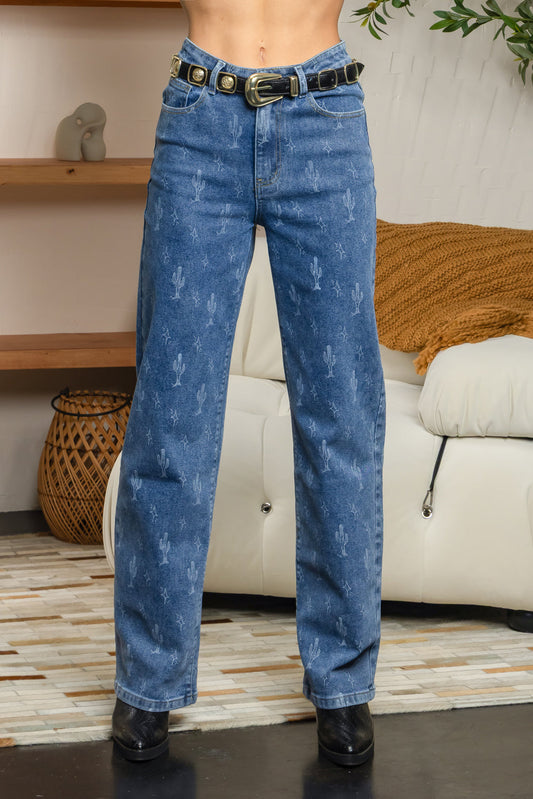Balboa Fashion Cactus High-Rise Wide-Leg Printed Jean - Medium Denim