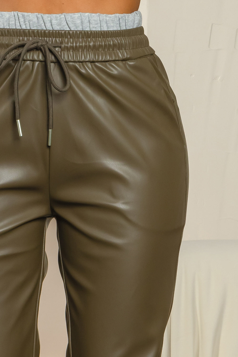 Balboa Fashion Trento Double-Waist Leather Pants - Olive