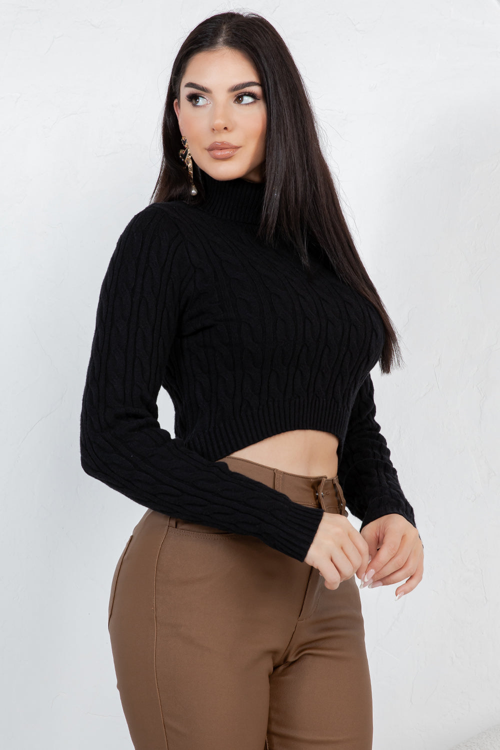 Balboa Fashion Nala Cropped Cable Knit Turtleneck Sweater - Black