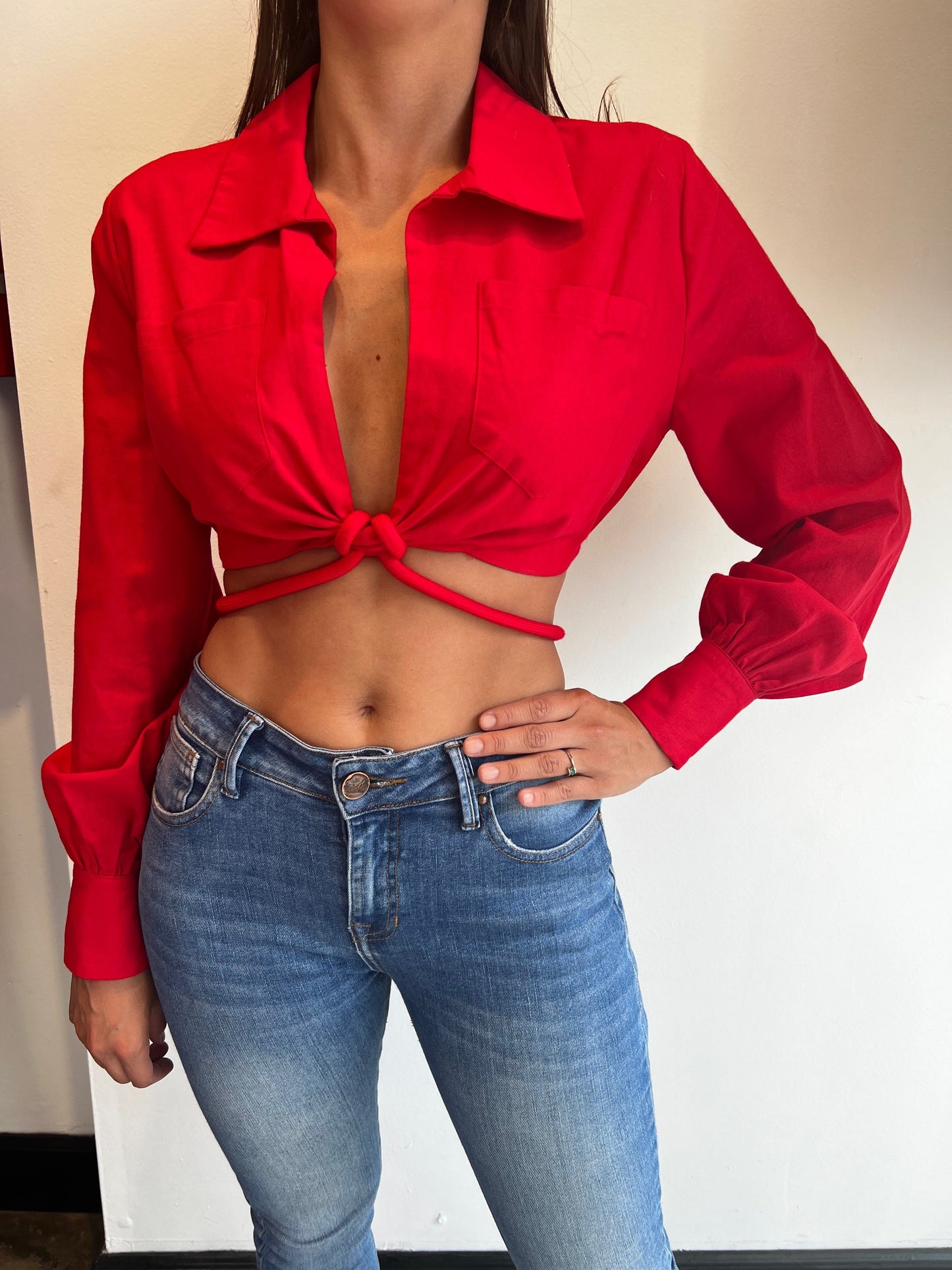 Balboa Fashion Farina Long-Sleeve Drawstring Crop Top - Red