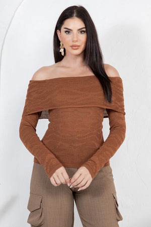 Amandea animal print off shoulder knit long sleeve top