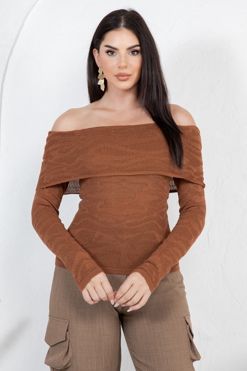 Amandea animal print off shoulder knit long sleeve top
