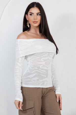 Amandea animal print off shoulder knit long sleeve top