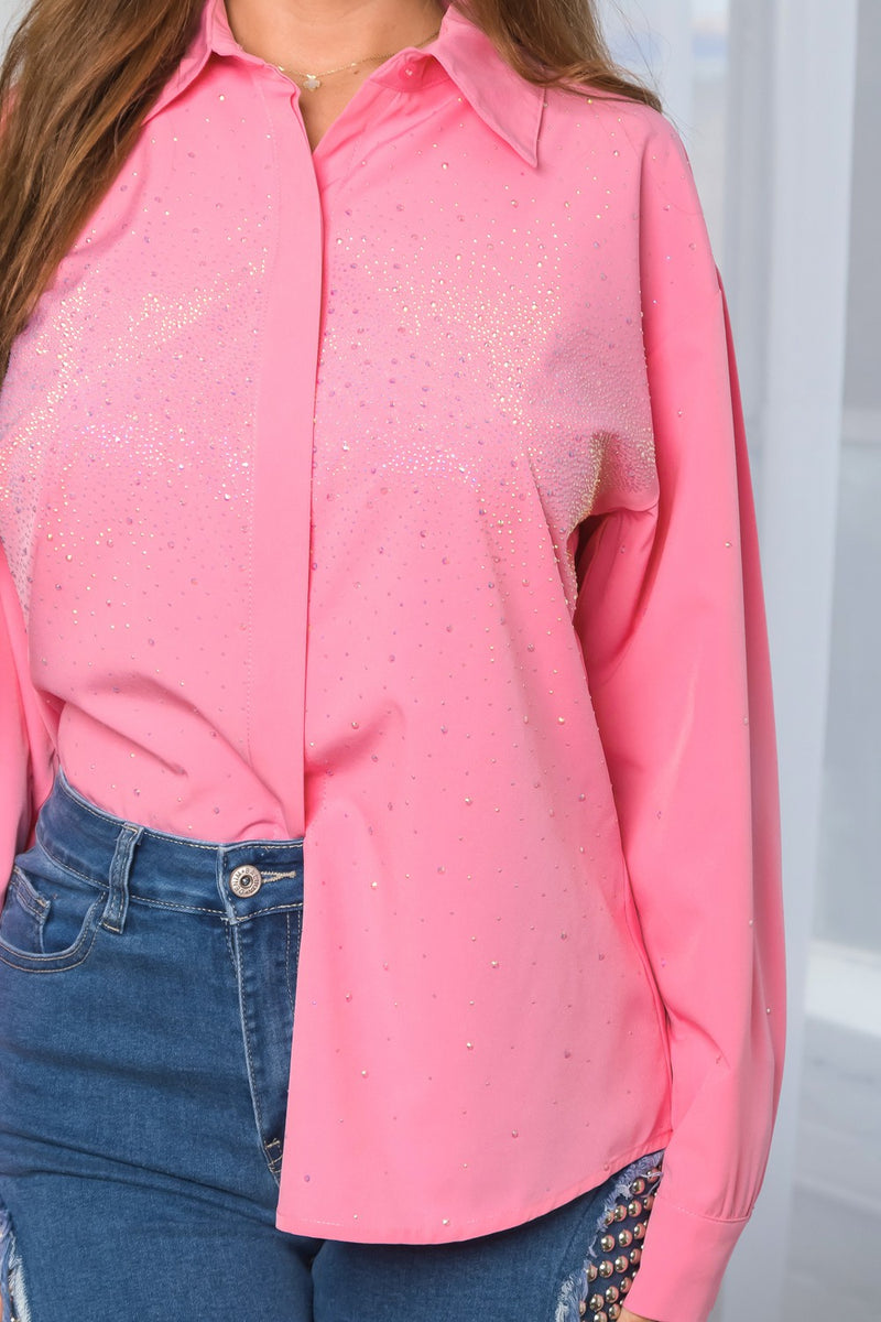 Daniella Long sleeve poplin blouse with rhinestones allover