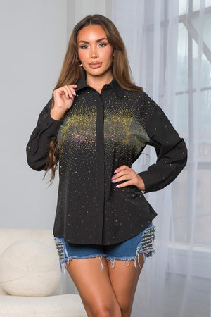 Daniella Long sleeve poplin blouse with rhinestones allover