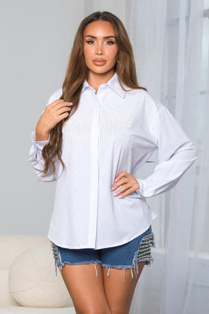 Daniella Long sleeve poplin blouse with rhinestones allover