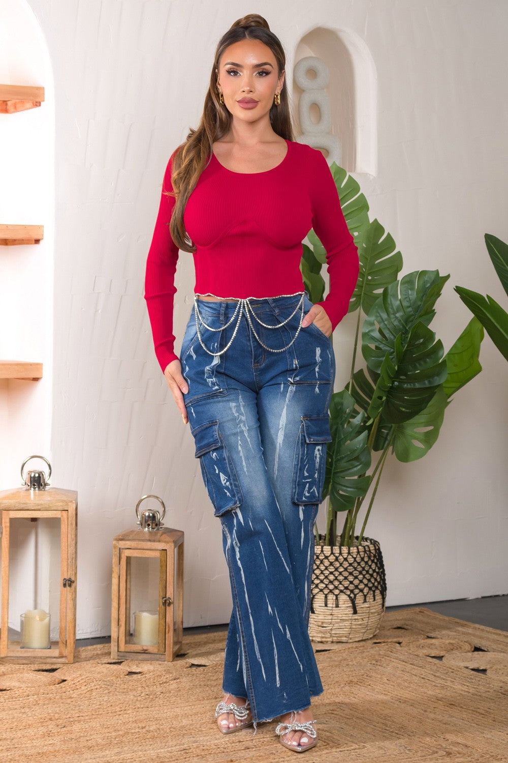Melbourne long sleeve knit top with rhinestone chain