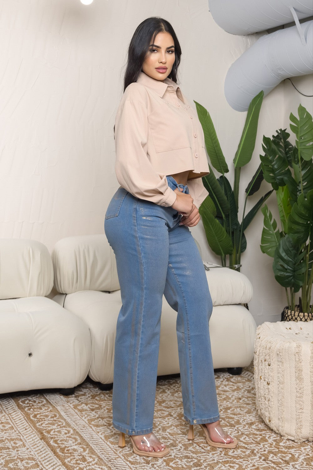 Kathryn Long sleeve cropped blouse with pockets