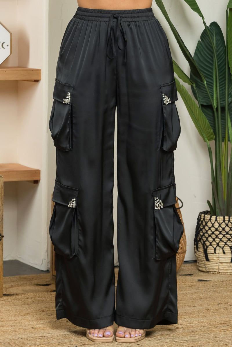 Ella Satin cargo pant with rhinestones