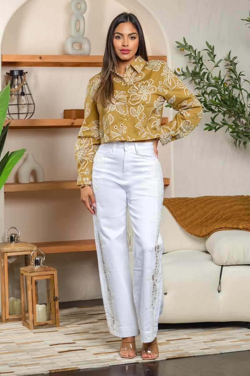 Cotton eyelet long sleeve crop blouse