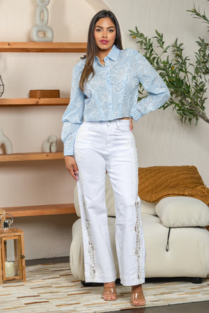 Cotton eyelet long sleeve crop blouse