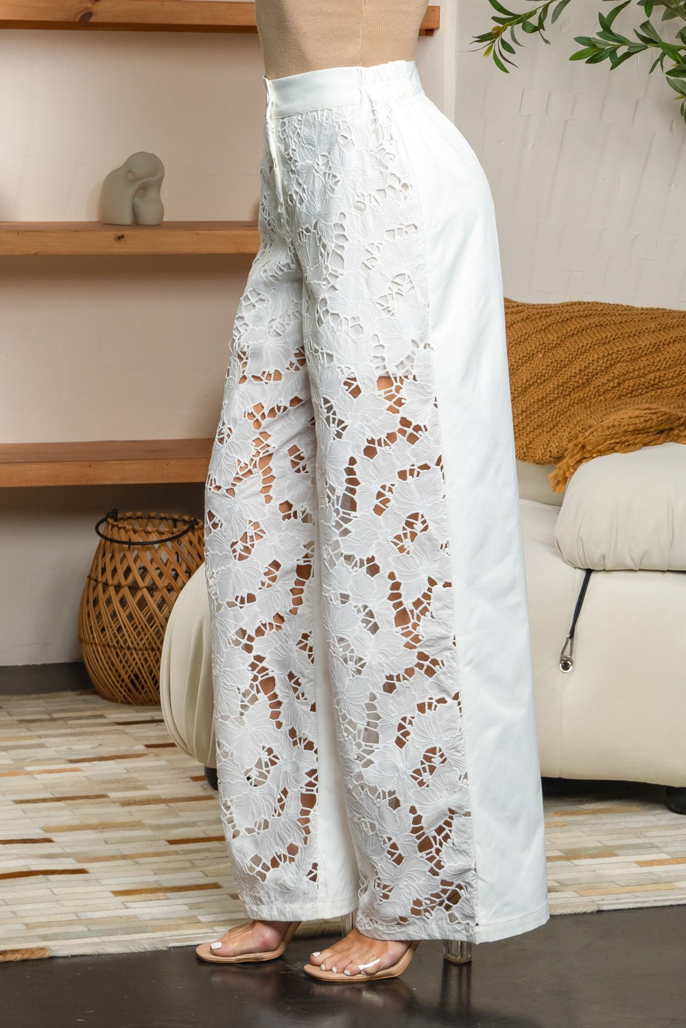 Guipure lace front and solid back wide leg pants