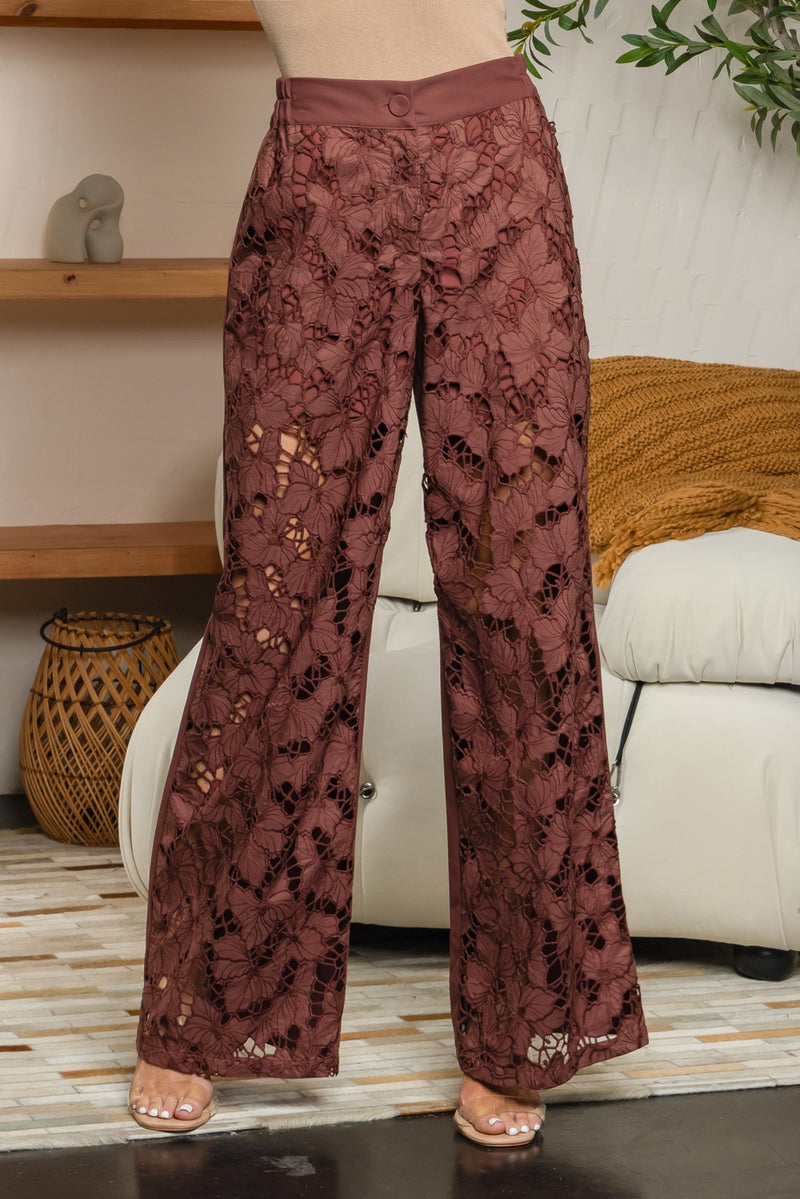 Guipure lace front and solid back wide leg pants