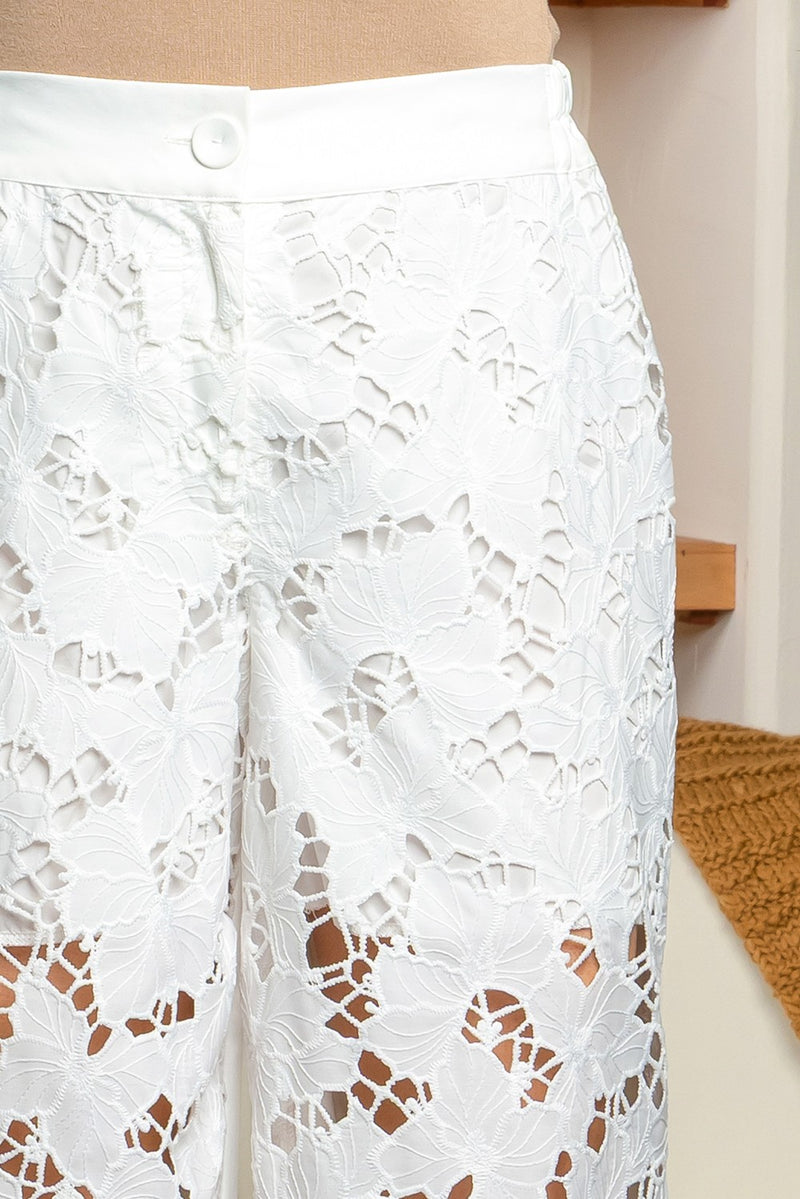 Guipure lace front and solid back wide leg pants