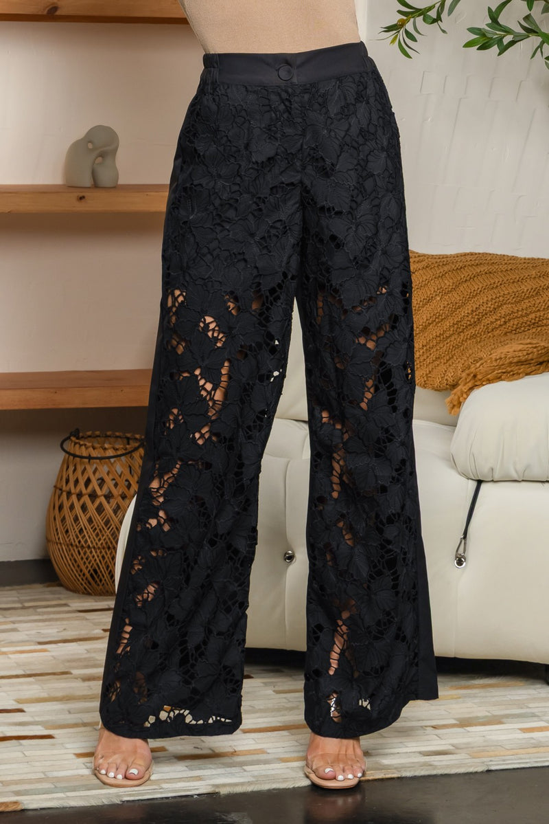 Guipure lace front and solid back wide leg pants