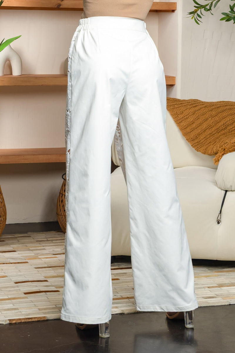 Guipure lace front and solid back wide leg pants
