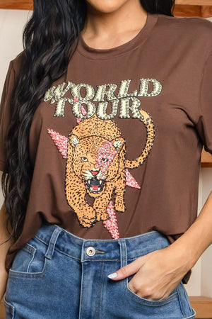 Embellishment print tiger world tour T-shirt