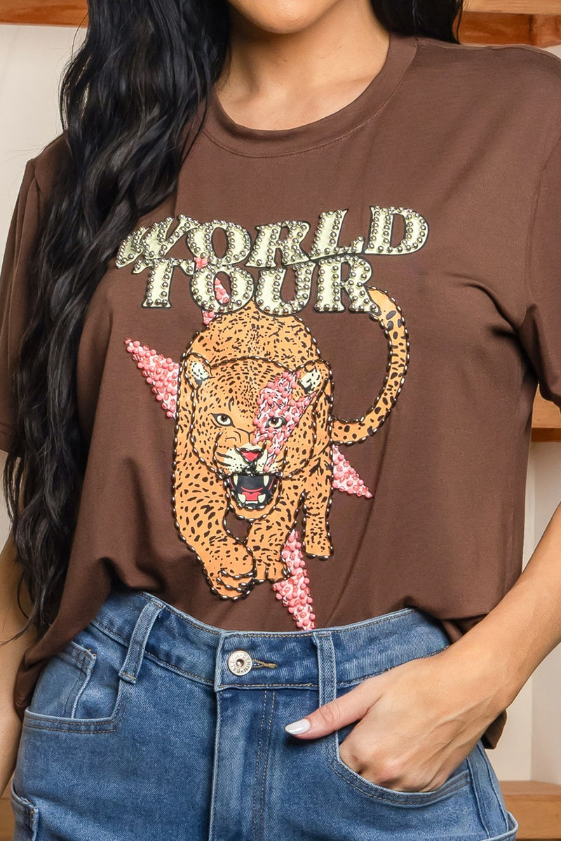 Embellishment print tiger world tour T-shirt