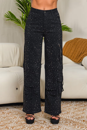 Stretchy rhinestones cargo pants