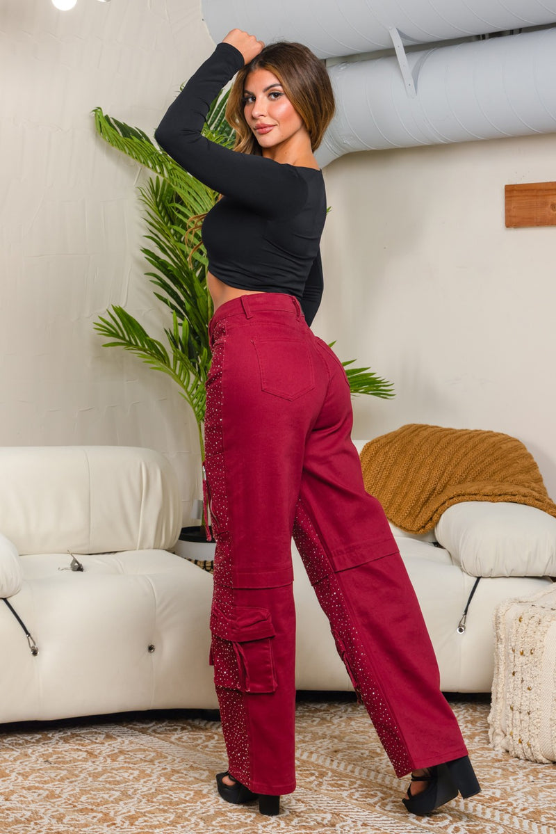 Stretchy rhinestones cargo pants