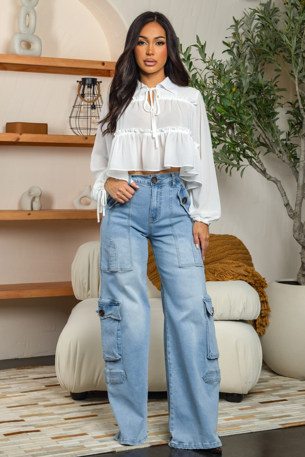 Wide leg cargo denim jeans