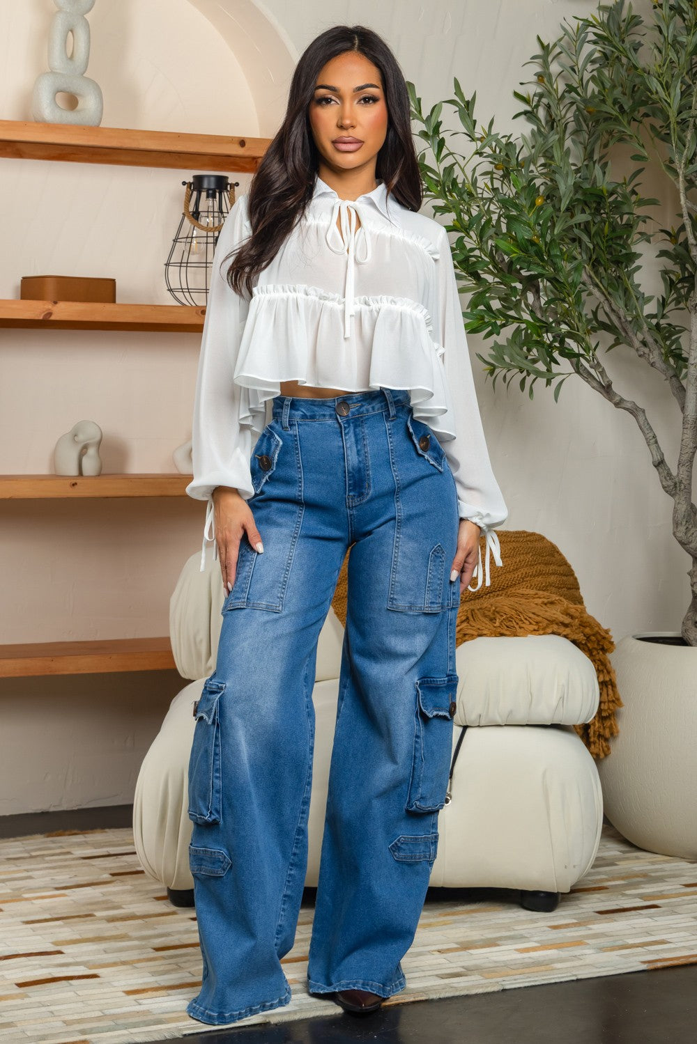 Wide leg cargo denim jeans