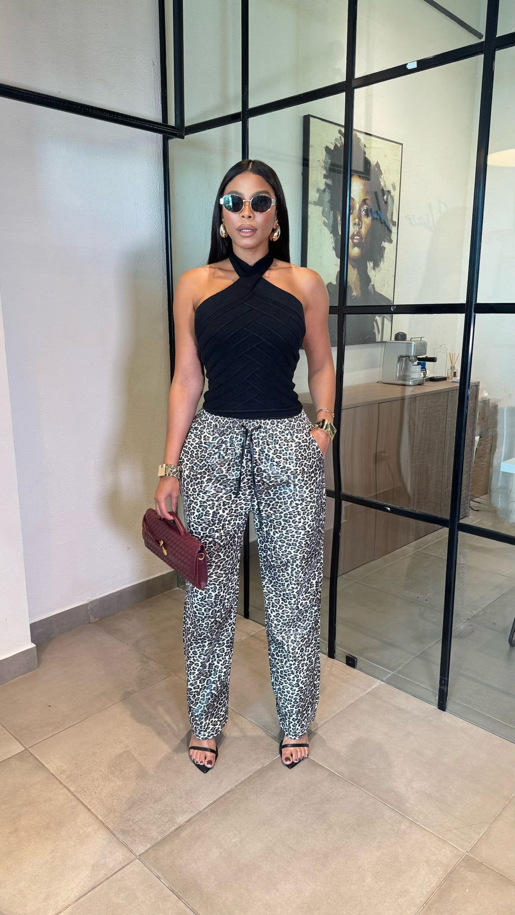 Beijing leopard print faux leather jogger pants
