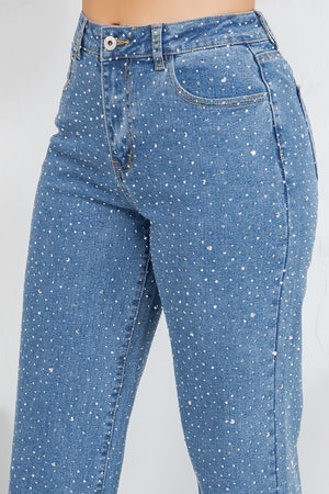 HIgh rise straight denim jeans with rinestones