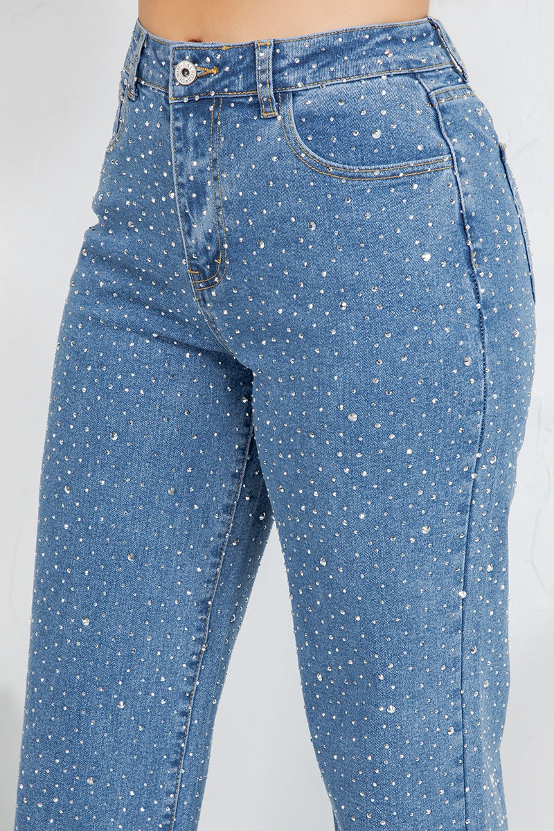 HIgh rise straight denim jeans with rinestones