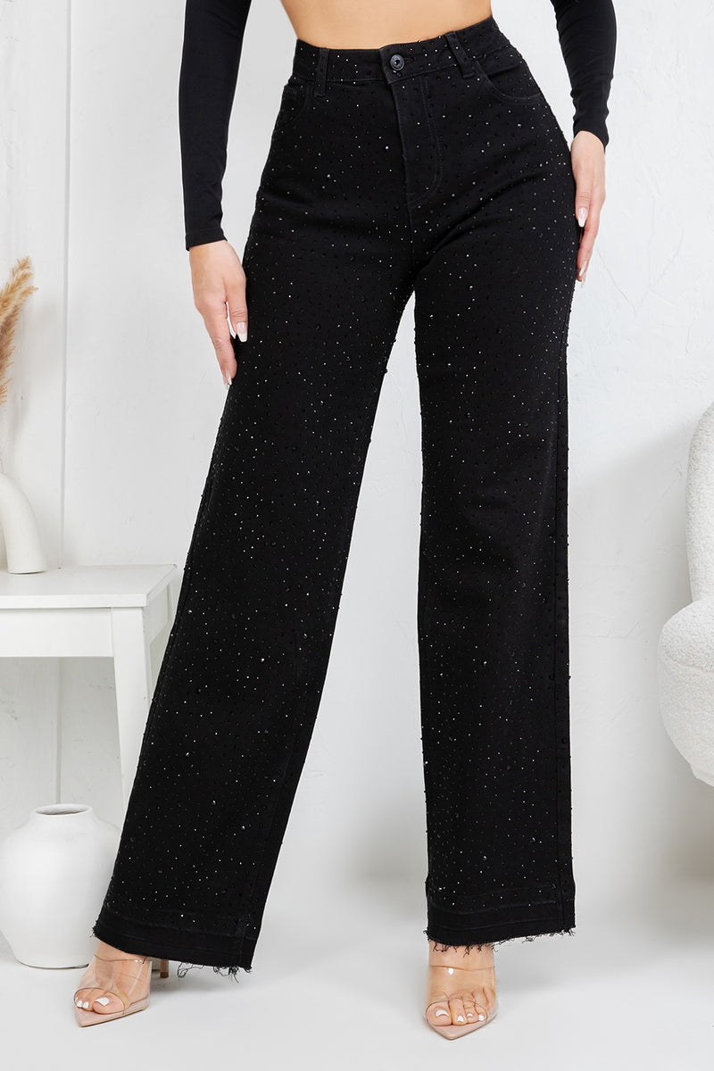 HIgh rise straight denim jeans with rinestones