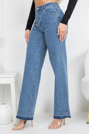 HIgh rise straight denim jeans with rinestones