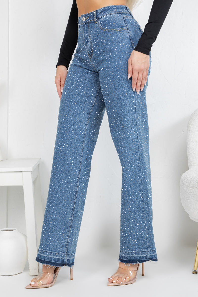 HIgh rise straight denim jeans with rinestones