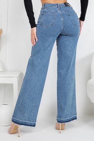 HIgh rise straight denim jeans with rinestones