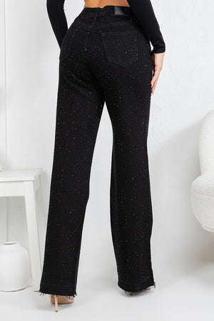 HIgh rise straight denim jeans with rinestones