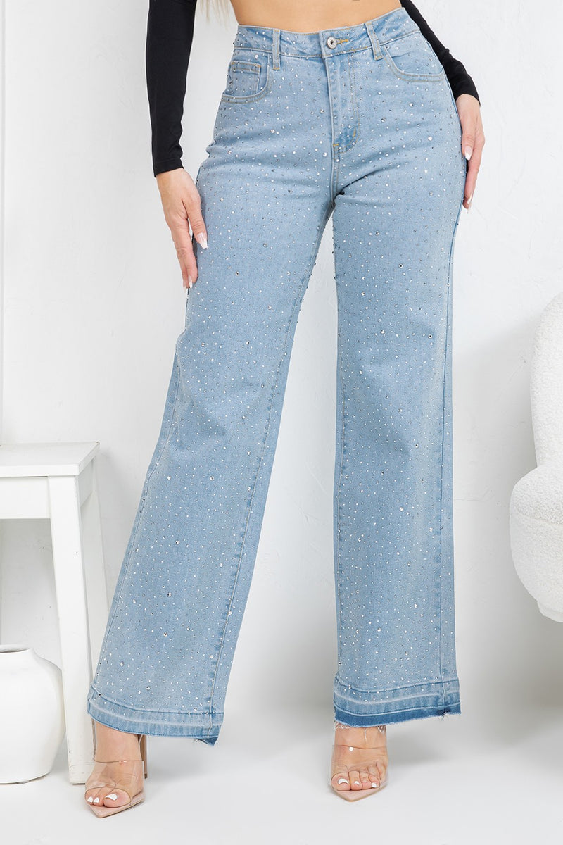 HIgh rise straight denim jeans with rinestones