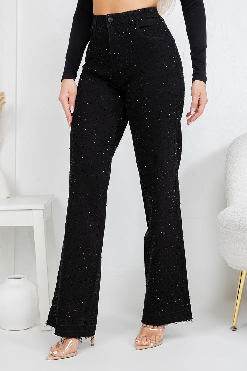 HIgh rise straight denim jeans with rinestones