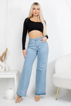 HIgh rise straight denim jeans with rinestones