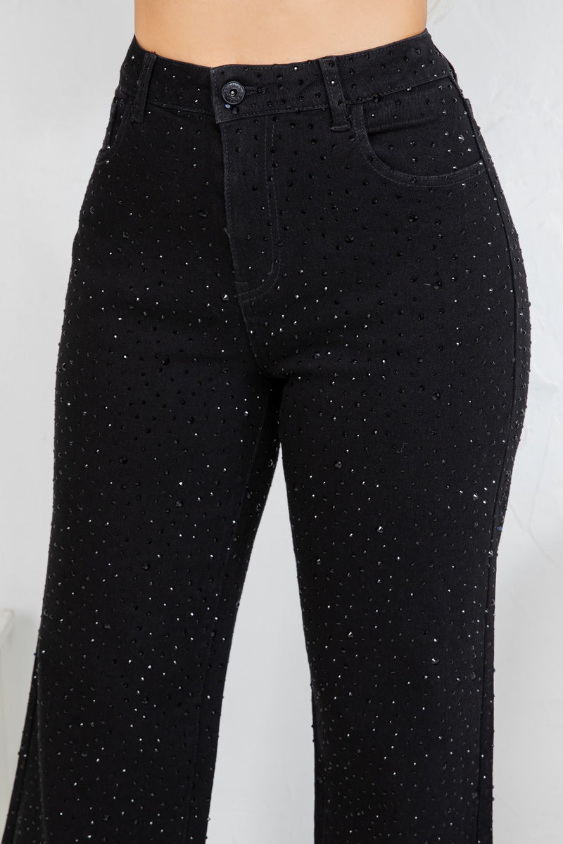 HIgh rise straight denim jeans with rinestones