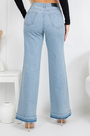 HIgh rise straight denim jeans with rinestones