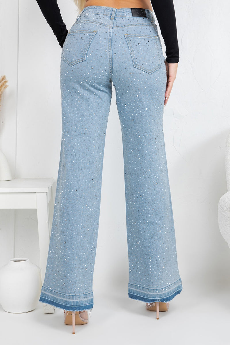 HIgh rise straight denim jeans with rinestones