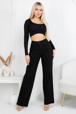 HIgh rise straight denim jeans with rinestones