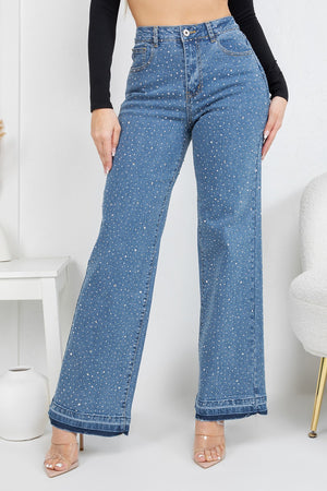 HIgh rise straight denim jeans with rinestones