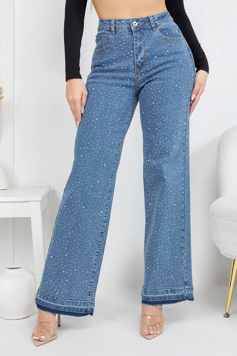 HIgh rise straight denim jeans with rinestones