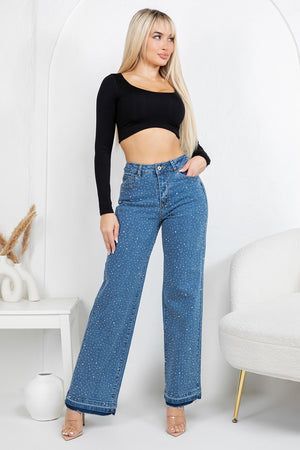 HIgh rise straight denim jeans with rinestones