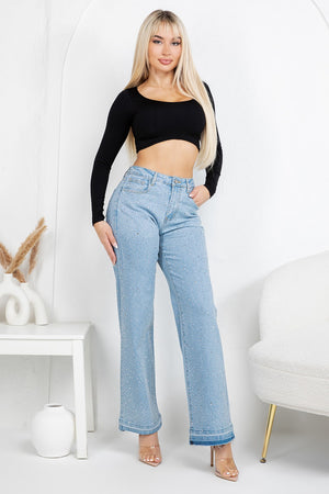 HIgh rise straight denim jeans with rinestones