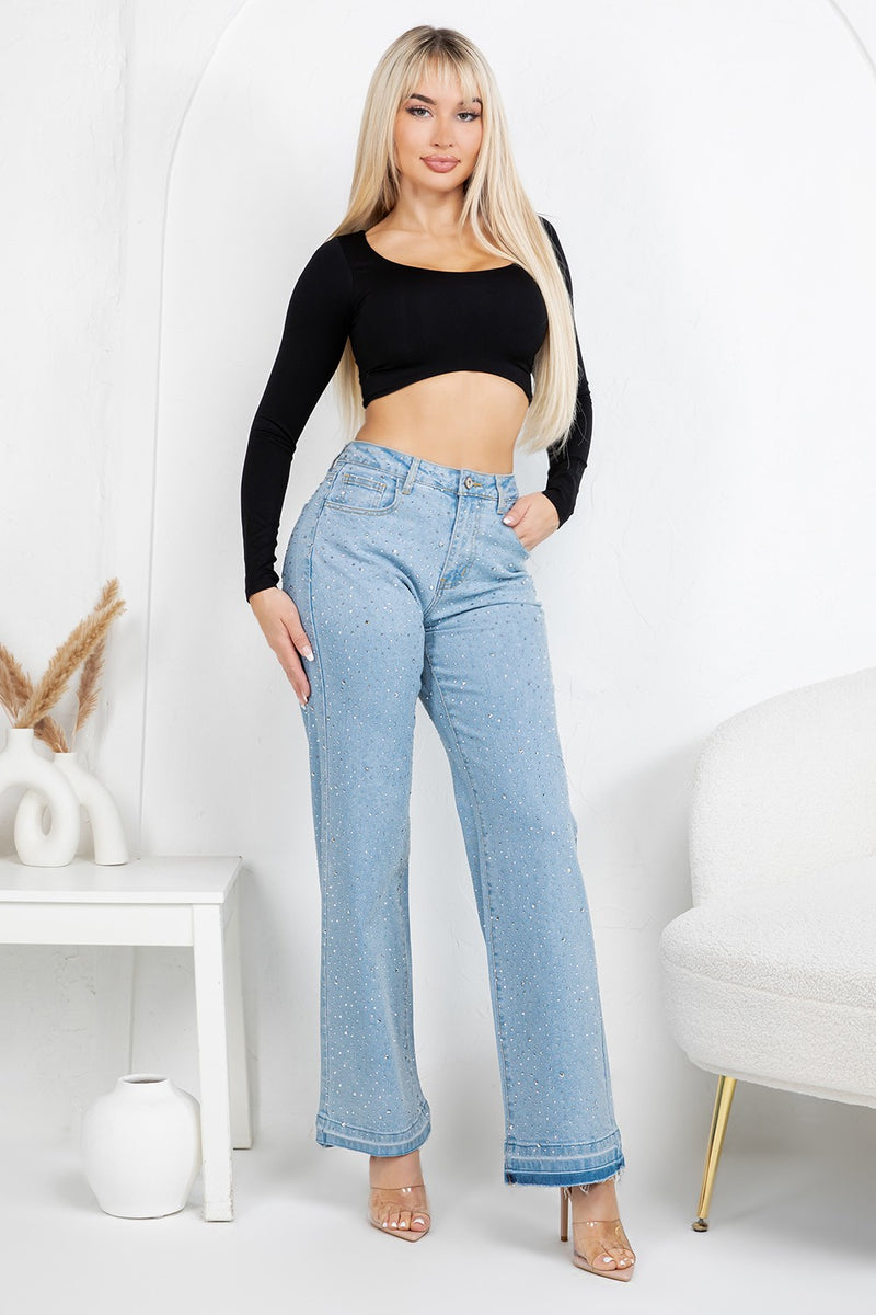 HIgh rise straight denim jeans with rinestones