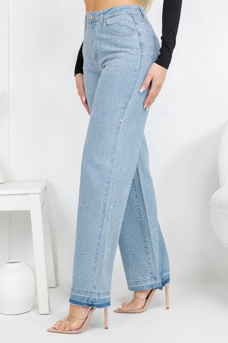 HIgh rise straight denim jeans with rinestones