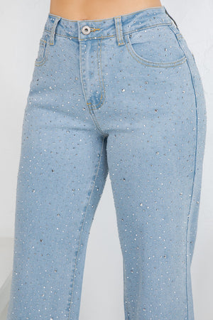 HIgh rise straight denim jeans with rinestones