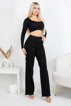 HIgh rise straight denim jeans with rinestones